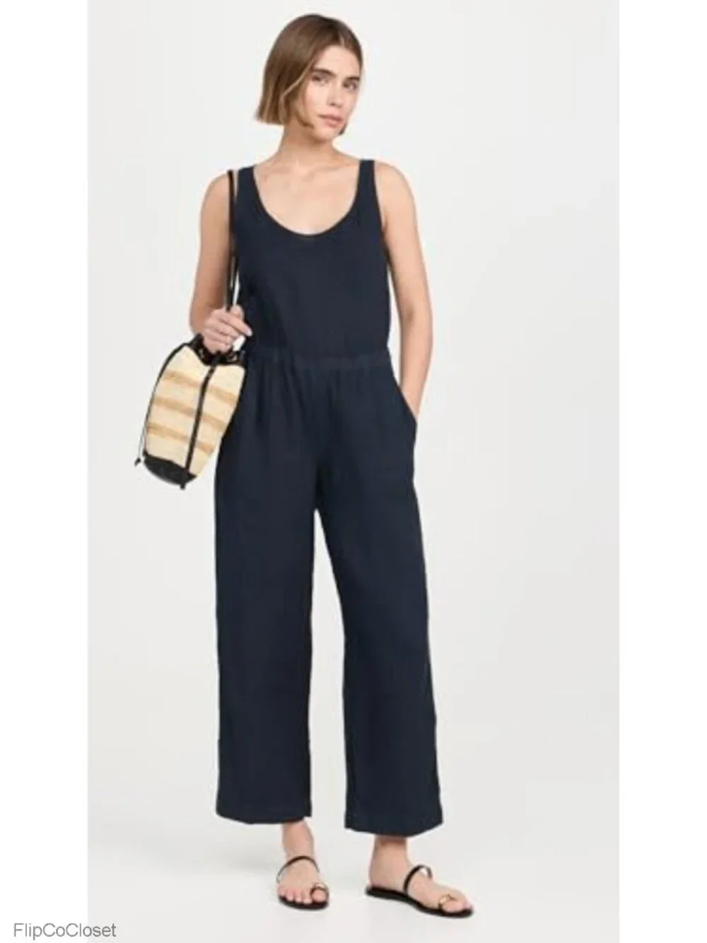 Linen Woven Jumpsuit with Pockets, Sleeveless, Relaxed Fit